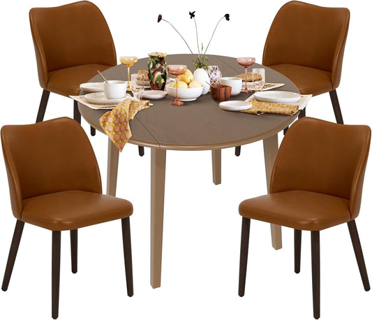 COLAMY 5-Piece Extendable Dining Table Set for 4, 36" Kitchen Round Wood Table with 4 Wooden Dining Room Chairs,Light Brown/Light Brown