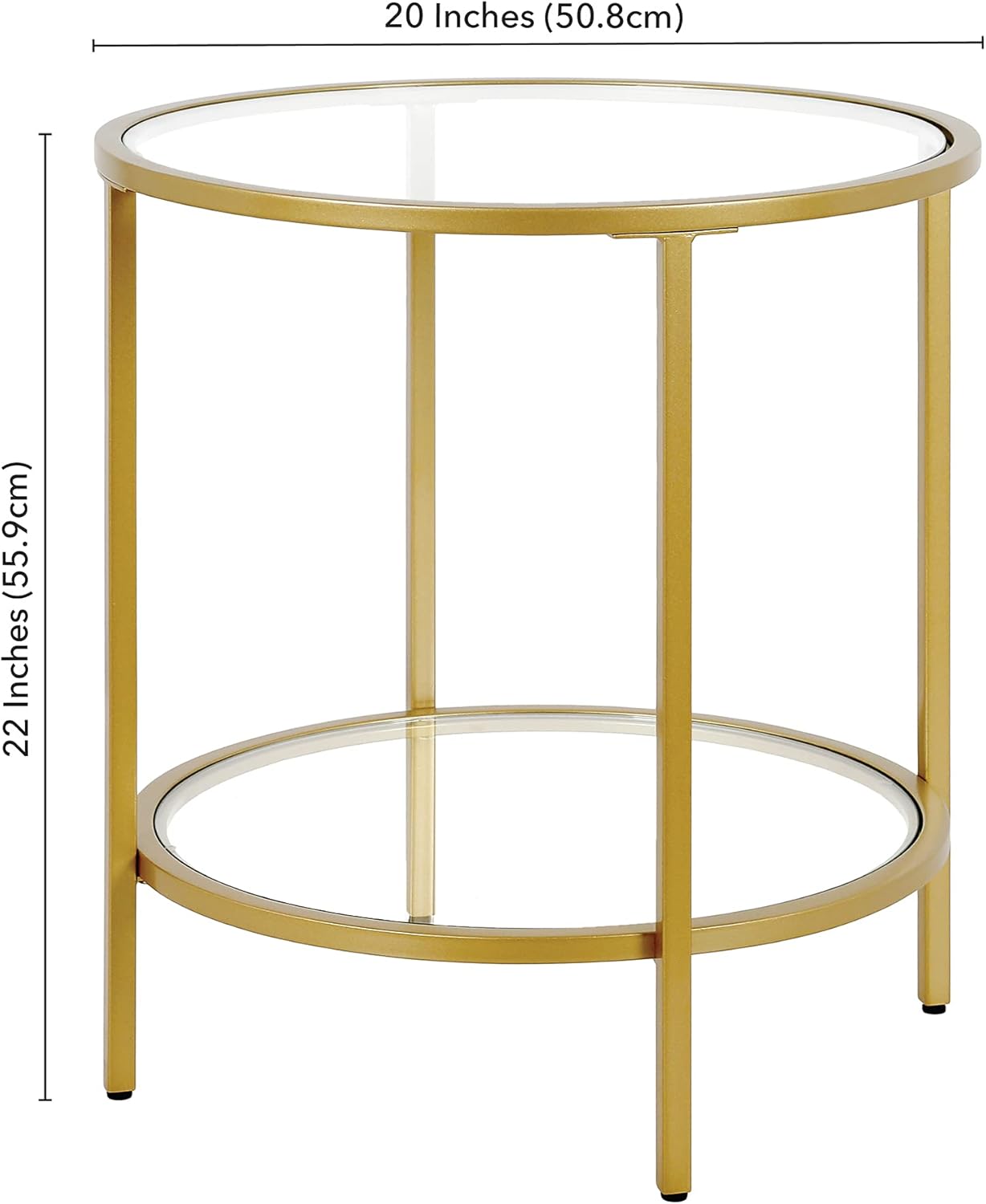 Henn&Hart 20" Wide Round Side Table with Glass Shelf in Brass, Table for Living Room, Bedroom