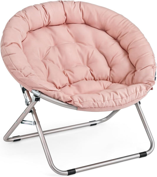 MoNiBloom Round Folding Saucer Chair for Bedroom Living Room Dorm Foldable Metal Frame Comfy Soft Lounge Lazy Cozy Moon Chair for Teens (Pink)