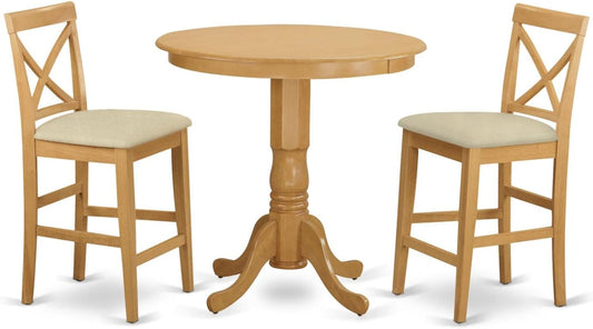 East West Furniture JAPB3-OAK-C 3 Piece Counter Height Pub Set Contains a Round Dining Room Table with Pedestal and 2 Linen Fabric Upholstered Chairs, 36x36 Inch, Oak