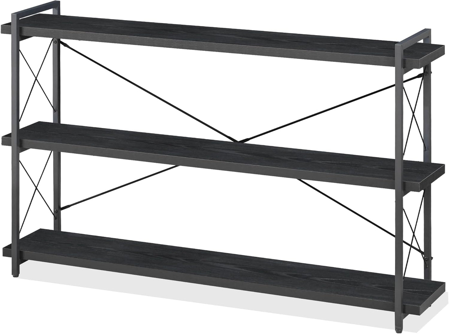 HCHQHS Bookshelf, 3-Tier Long Industrial Bookcase, Black Open Book Shelf, Freestanding Horizontal Bookshelves with Metal Frame