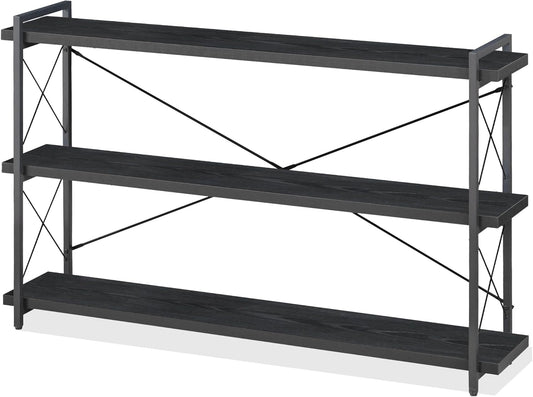 HCHQHS Bookshelf, 3-Tier Long Industrial Bookcase, Black Open Book Shelf, Freestanding Horizontal Bookshelves with Metal Frame