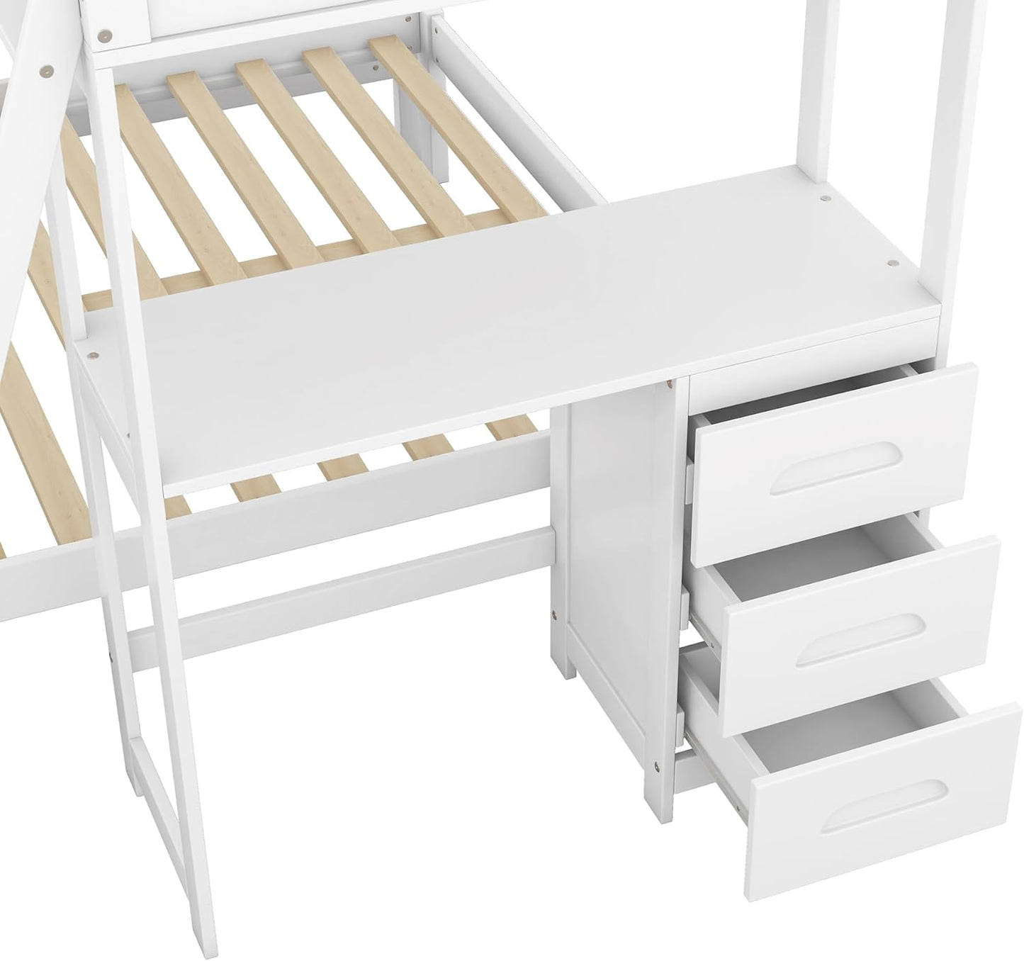 Twin Over Full Bunk Bed with Built-in Desk and Three Drawers,Pine Wood Convertible Twin Over Full L-Shaped Loft Bunk Bed Frame for Kids Teens Adults,White