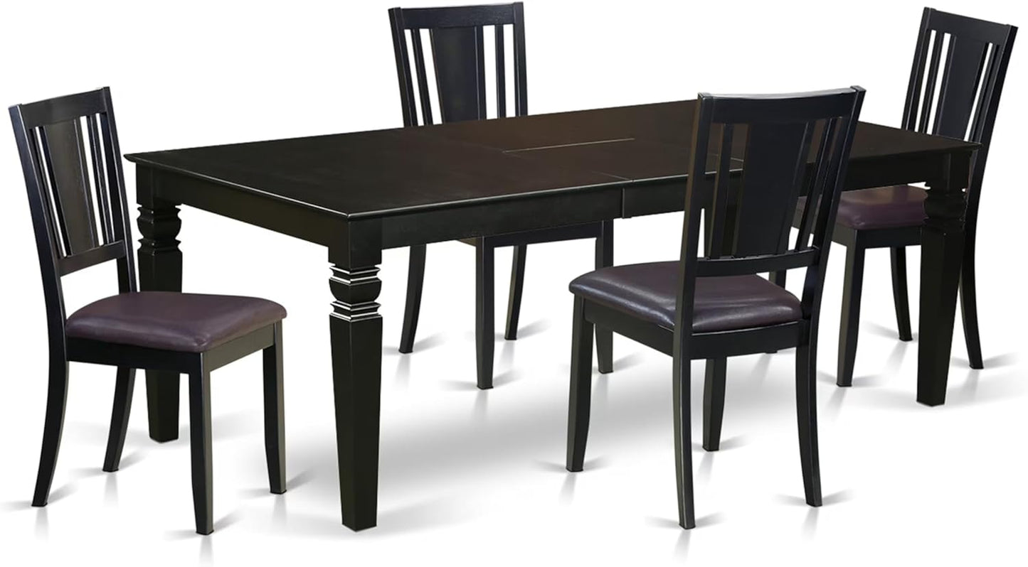 East West Furniture LGDU5-BLK-LC 5 Piece Kitchen Table & Chairs Set Includes a Rectangle Dining Table with Butterfly Leaf and 4 Faux Leather Dining Room Chairs, 42x84 Inch, Black