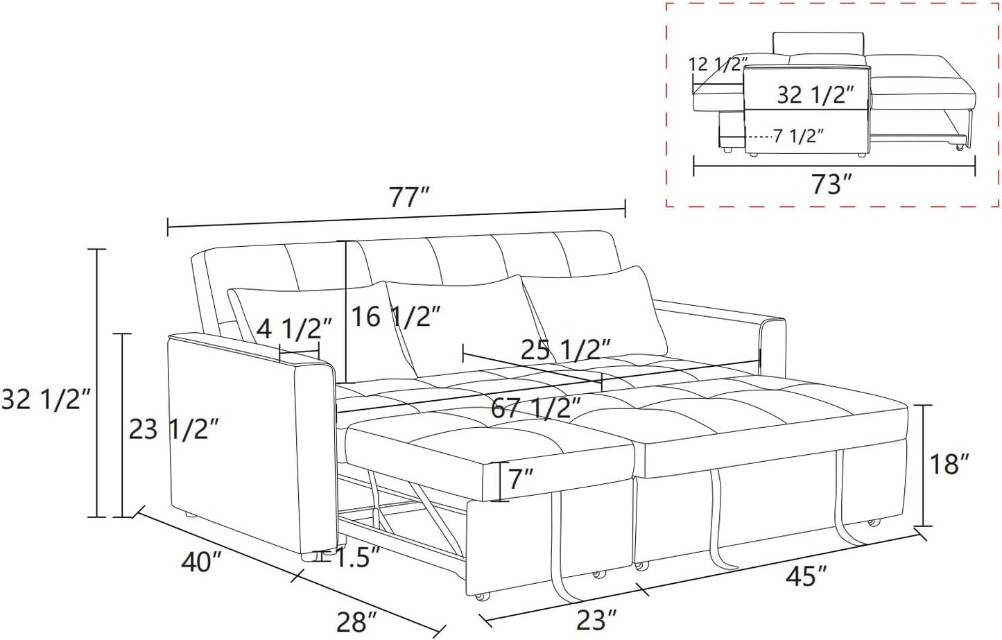 77 Inch Convertible Pull Out Sofa Bed, Sleeper Couch with Fluffy Fabric, 3 Seat Living Room Sofa Set with Adjustable Backrest for Living Room, Bedroom, Apartment, Grey