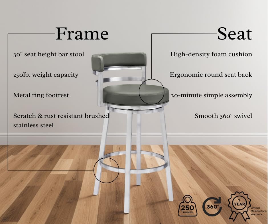 Armen Living Madrid 30" Bar Height Swivel Modern Grey Faux Leather and Brushed Stainless Steel Bar Stool for Kitchen Island Counter