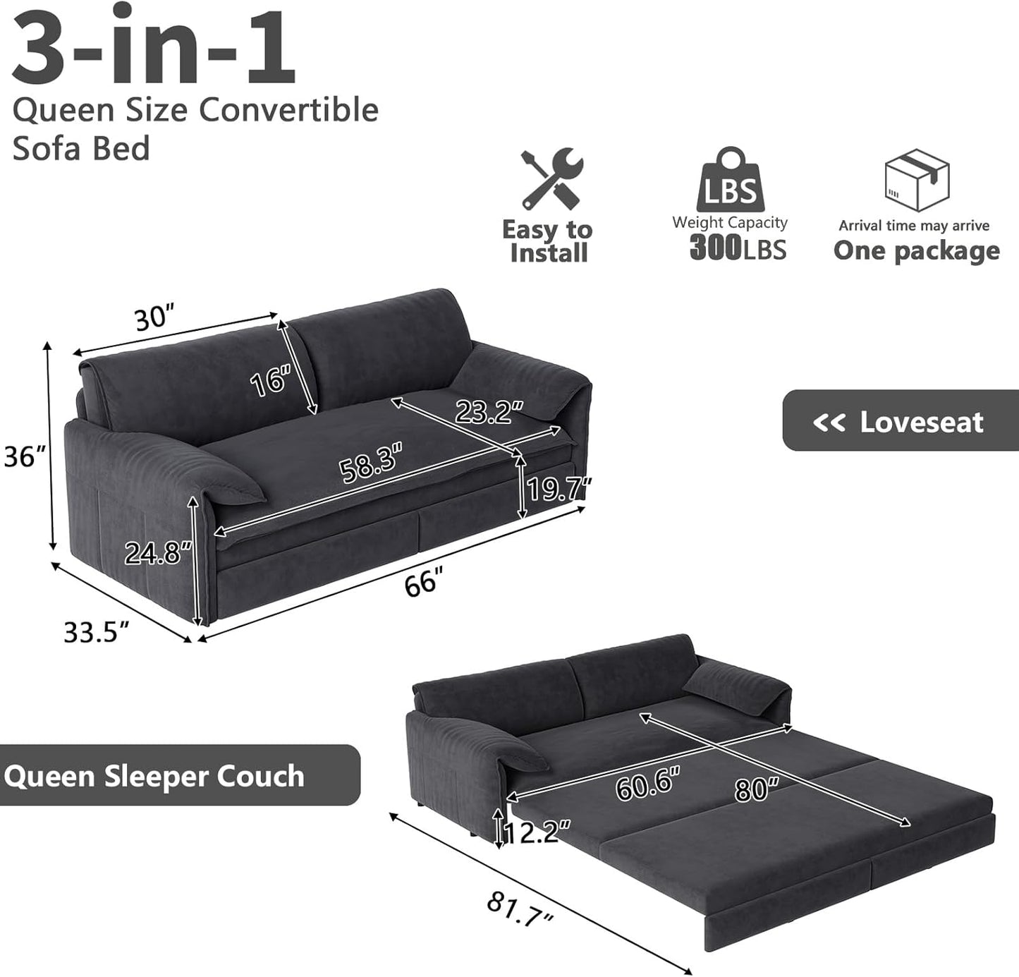 66" Queen Size Pull Out Couch Bed Convertible Sleeper Loveseat Sofa Velvet Futon Sofá Bed Oversized 3 in 1 Pullout Sofa&Couch for Side Storage and Soft Armrest for Living Room, Office, Apartment, RV