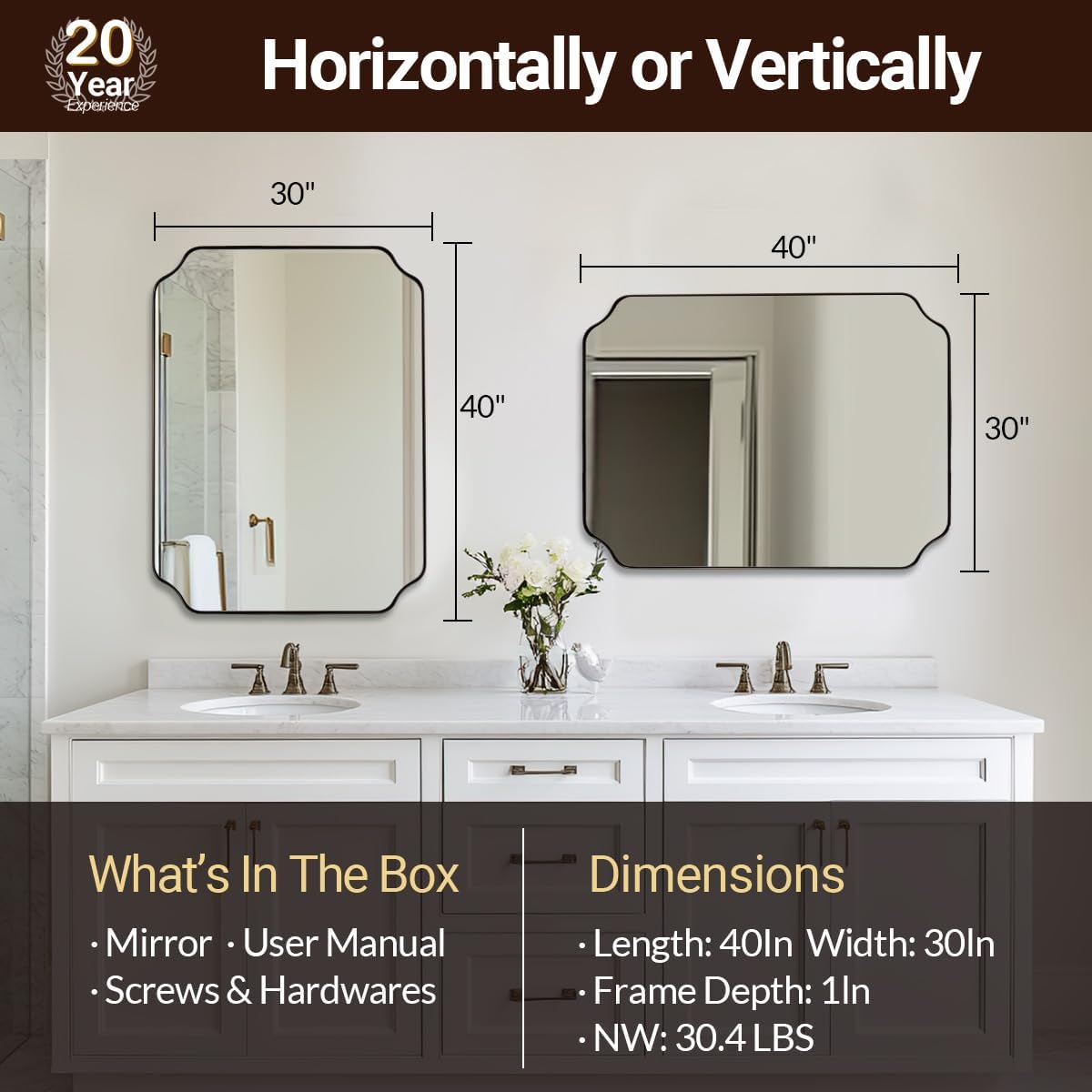 ANDY STAR Rectangle Mirror 30x40 Inch, Brushed Bronze Scalloped Mirror for Bathroom, Rust-Proof Stainless Steel 1" Frame, Antique Scalloped Edge Design Ideal for Home Decor