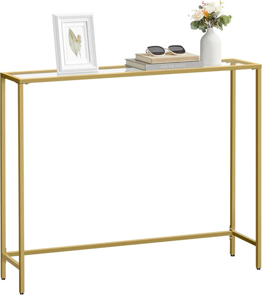 VASAGLE Entryway Table, Console Table, Tempered Glass Tabletop, Modern Sofa Table, Easy Assembly, with Adjustable Feet, for Living Room, Entryway, Pale Gold and Transparent ULGT132A01