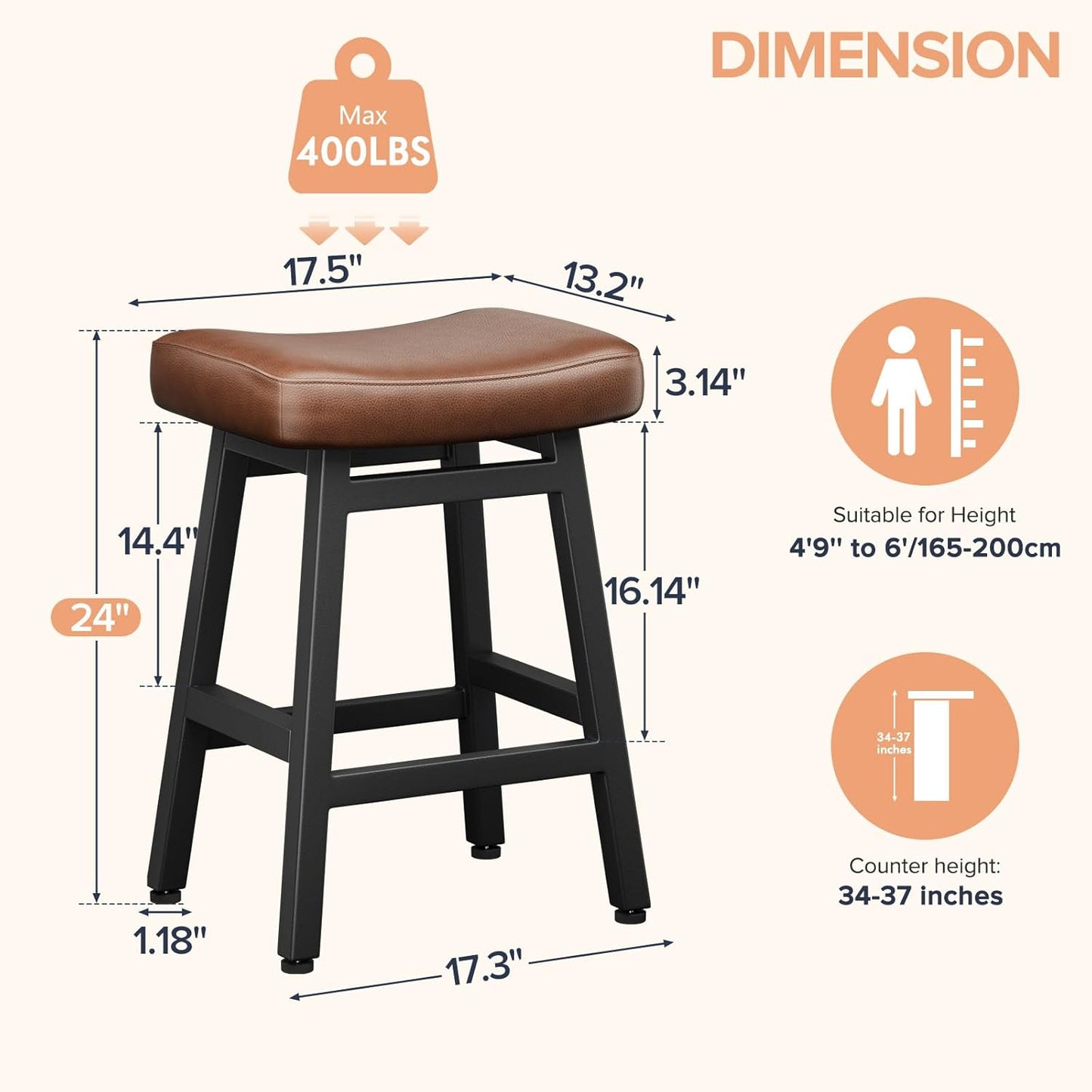 Counter Height Bar Stools Set of 2, 24 Inch Barstools for Kitchen Counter, Kitchen Stools with Bonded Leather Saddle Seats & Heavy Duty Metal Legs, Easy Assembly, Brown/Black