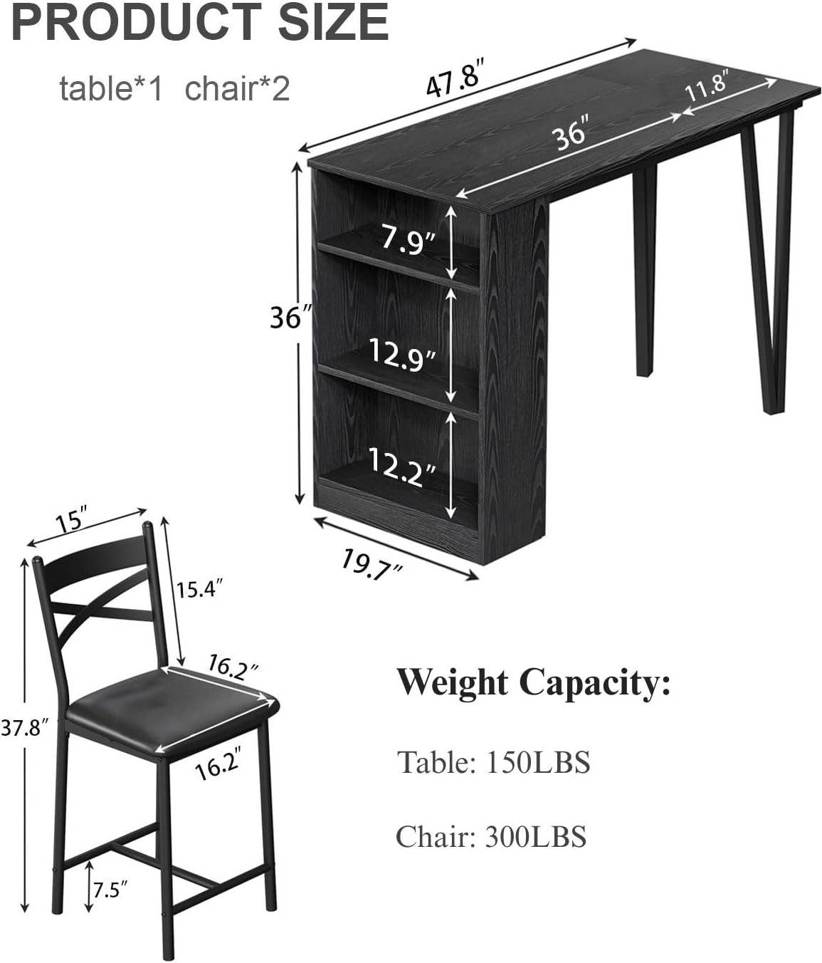 Garvee Bar Table and Chairs Set, 3 Piece Bar Table Set with with Flip Top Extension and Storage Shelves, Dining Table Set for 2, Suitable for Small Space Kitchen Apartment, Black