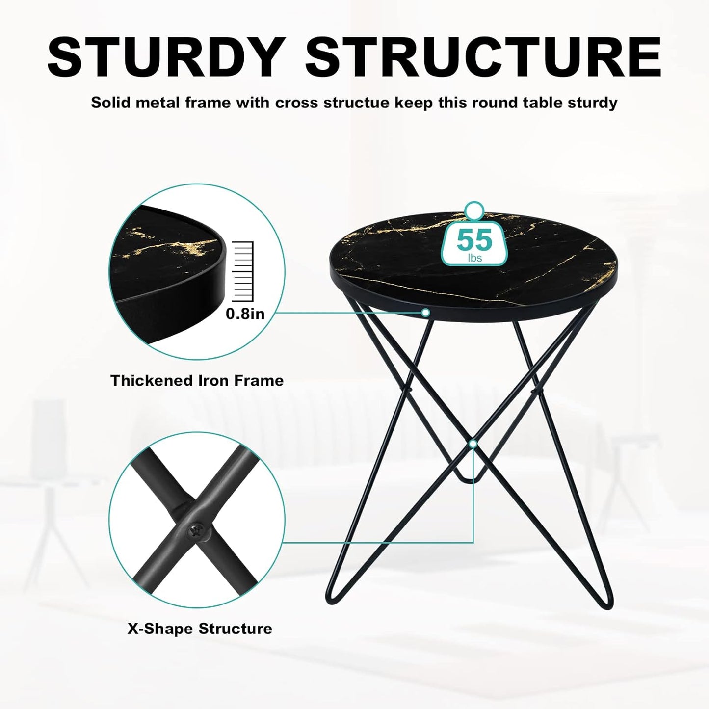HLR Modern Round Side Table Set of 2, End Table with Marble Effect Top and Gold Metal Frame, Small Side Table for Living Room, Bedroom, Sofa and Couch, Black Legs, Black Marble top