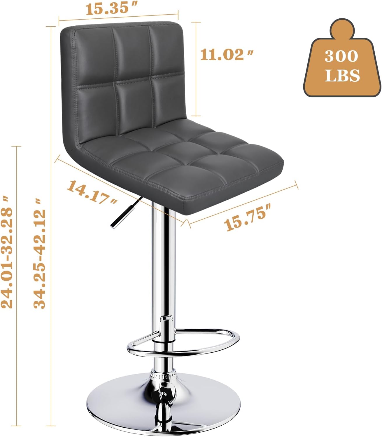 Bar Stools Set of 2, Armless Adjustable Swivel Barstools with Back, Double Needle PU Leather Counter Height Bar Stools for Kitchen Island, Grey