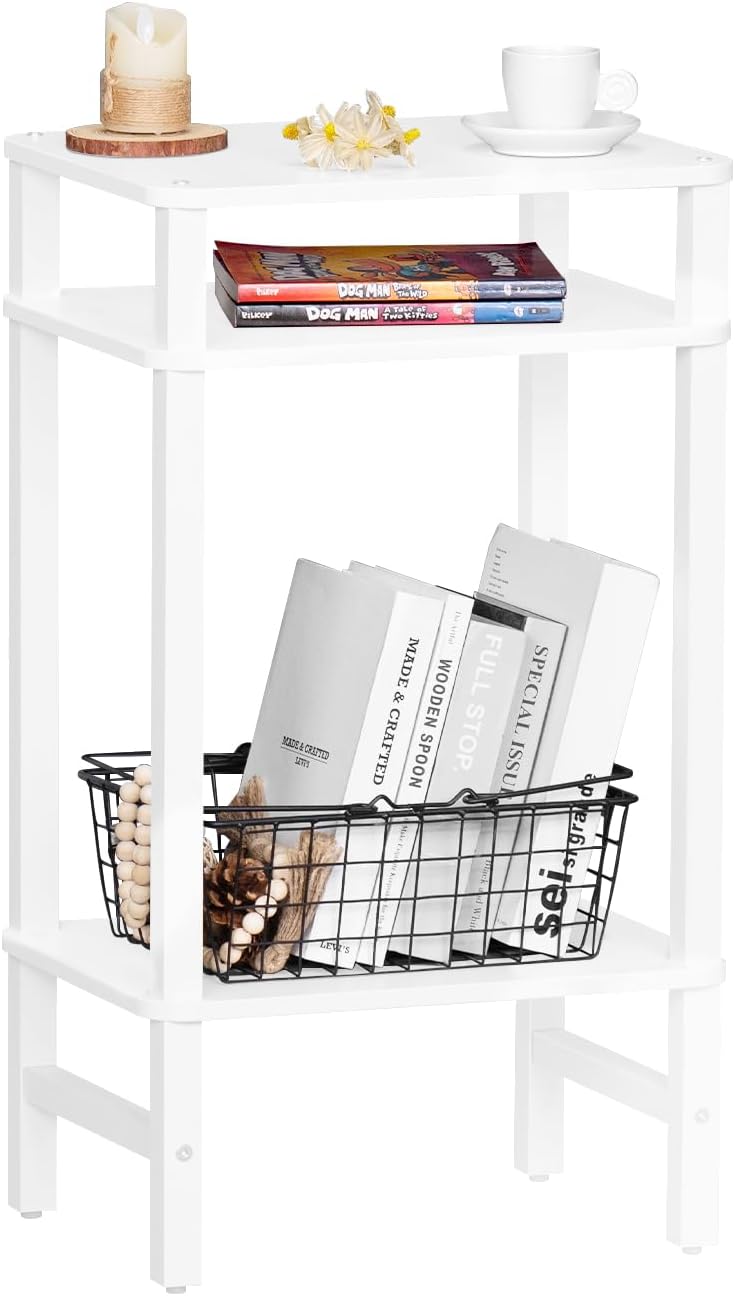 28in Tall Side Table 3-Tier Small Narrow End Table for Couch, Skinny Nightstand for Small Space, Farmhouse Slim Night Stand with Storage, Wooden Frame Thin Bedside Table, for Living Room, White