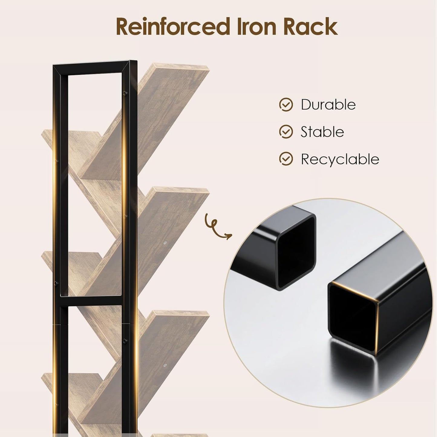 49" Rotating Tree Bookshelf, 7 Tier Double Sided Shelf, Wood Corner Bookshelf with Wheels, 360 Display Spinning Bookcase Storage Rack, Ideal for Small Rooms, Easy Assembly, Rustic Brown