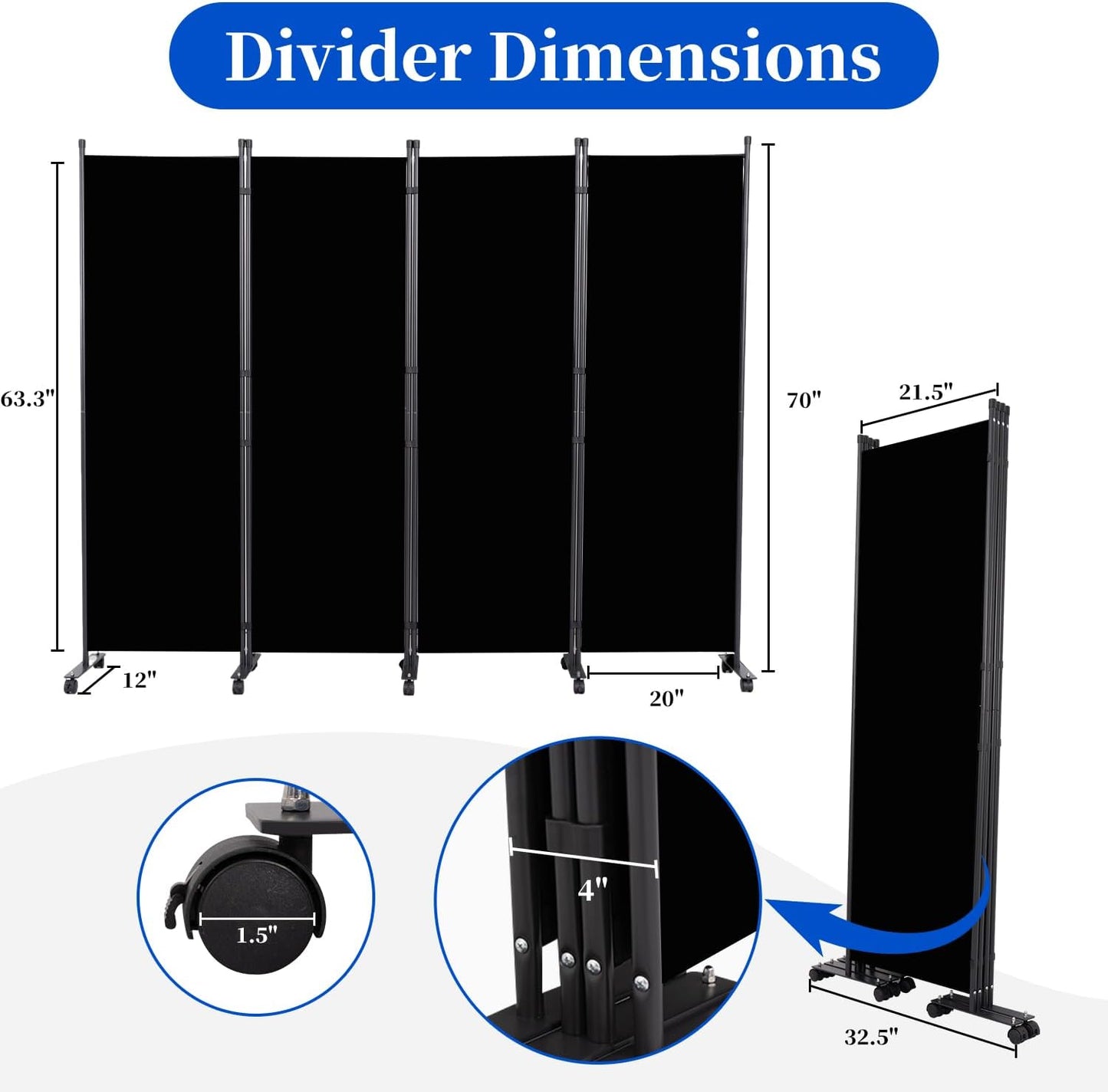 Room Divider 6FT Room Partition with Lockable Wheels,4 Panel (Thicked Metal Base) Room Dividers, Freestanding Indoor Folding Privacy Screens, Portable Fabric Wall Divider for Room Separation, Black