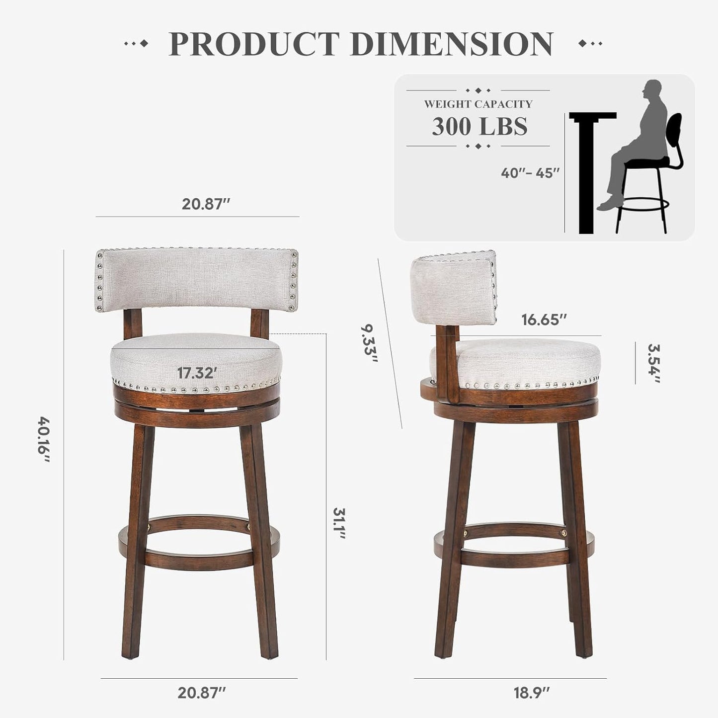 COLAMY Swivel Bar Stools Set of 2, 30 Inch Swivel Bar Height Bar Stools, Wood Swivel Barstools with Back, Modern Upholstered Wooden Barstools for Kitchen Island Dining Room Bar, Beige