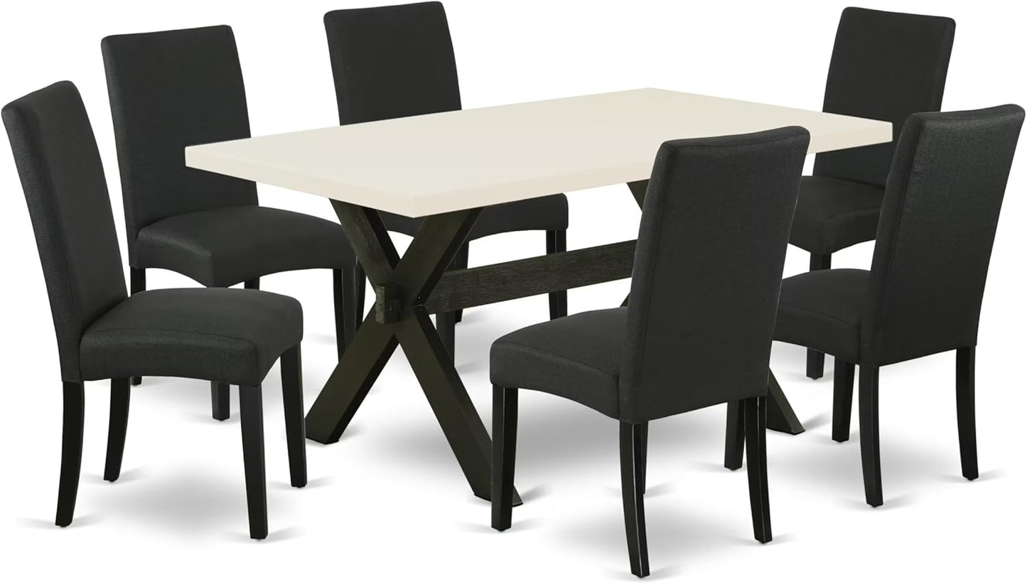 East West Furniture X626DR124-7 7 Piece Kitchen Table Set Consist of a Rectangle Dining Table with X-Legs and 6 Black Color Linen Fabric Parson Dining Chairs, 36x60 Inch, Multi-Color