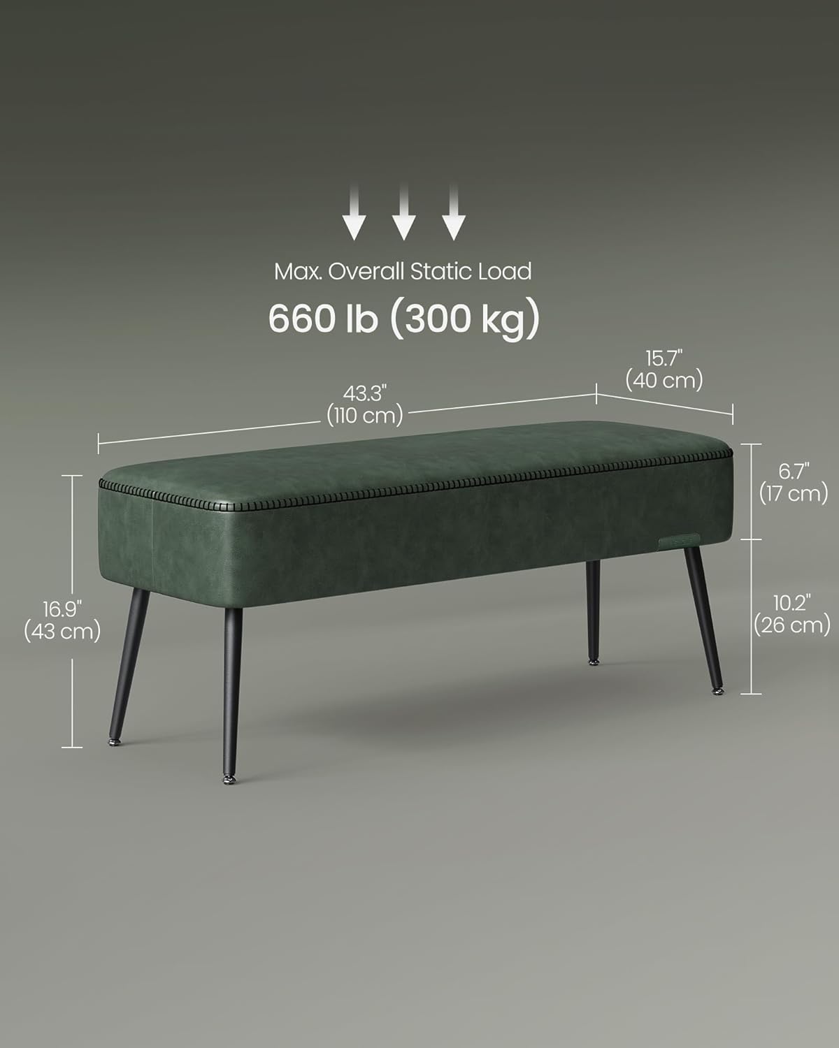 VASAGLE EKHO Collection - Bench for Entryway Bedroom, Synthetic Leather with Stitching, Ottoman Bench with Steel Legs, Living Dining Room, Mid-Century Modern, Loads 660 lb, Forest Green ULOM076C01