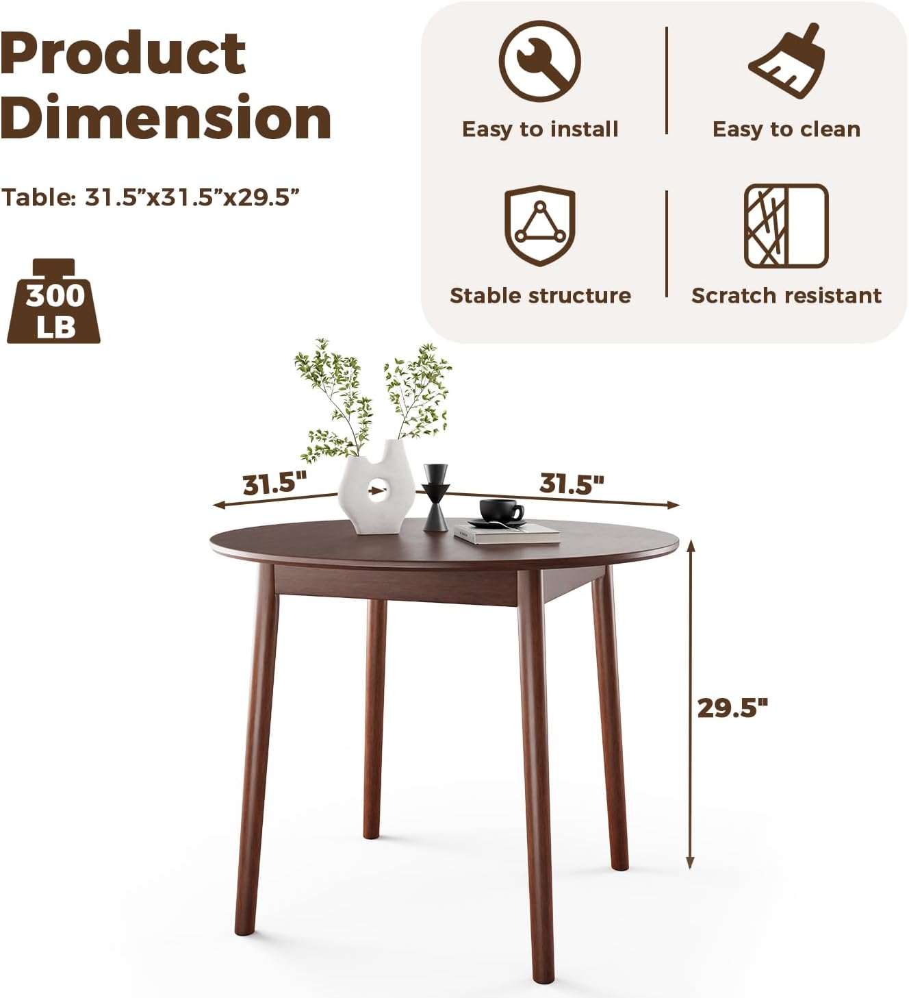 DELAVIN 31.5" Solid Wood Round Dining Table for 4, Farmhouse Small Kitchen Table for 2-4, Modern Office Table for Home Kitchen Apartment, Easy Assembly, Space Saving, Walnut