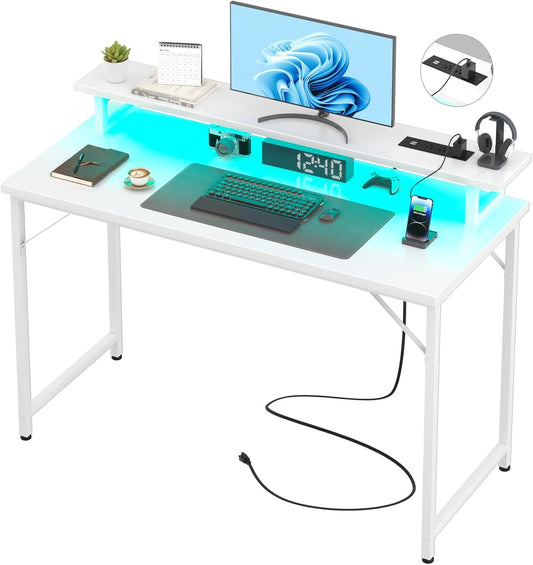 Computer Desk with USB Power Outlets and LED Lights, 47 inch Gaming Desk with Monitor Stand for Small Space Home Office, Modern Simple Study Writing Table PC Desks, White