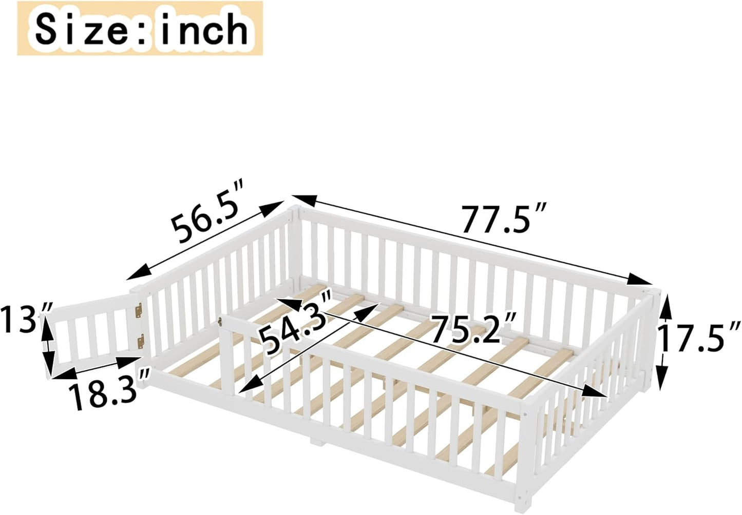 Bellemave Full Floor Bed with Slats and Safety Guardrails, Kids Montessori Floor Beds with Fence and Door, Easy Assemble Floor Bed for Kids, Girls, Boys, White