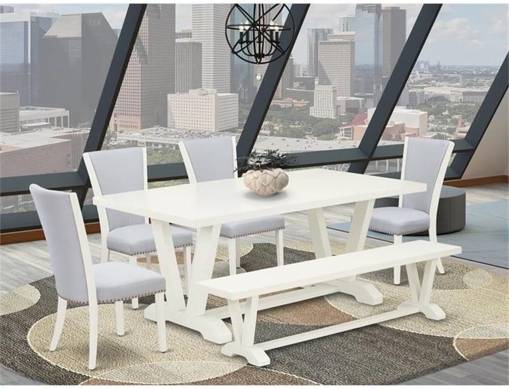 East West Furniture V027VE005-6 6 Piece Dining Table Set Contains a Rectangle Dining Room Table with V-Legs and 4 Grey Linen Fabric Parson Chairs with a Bench, 40x72 Inch, Multi-Color