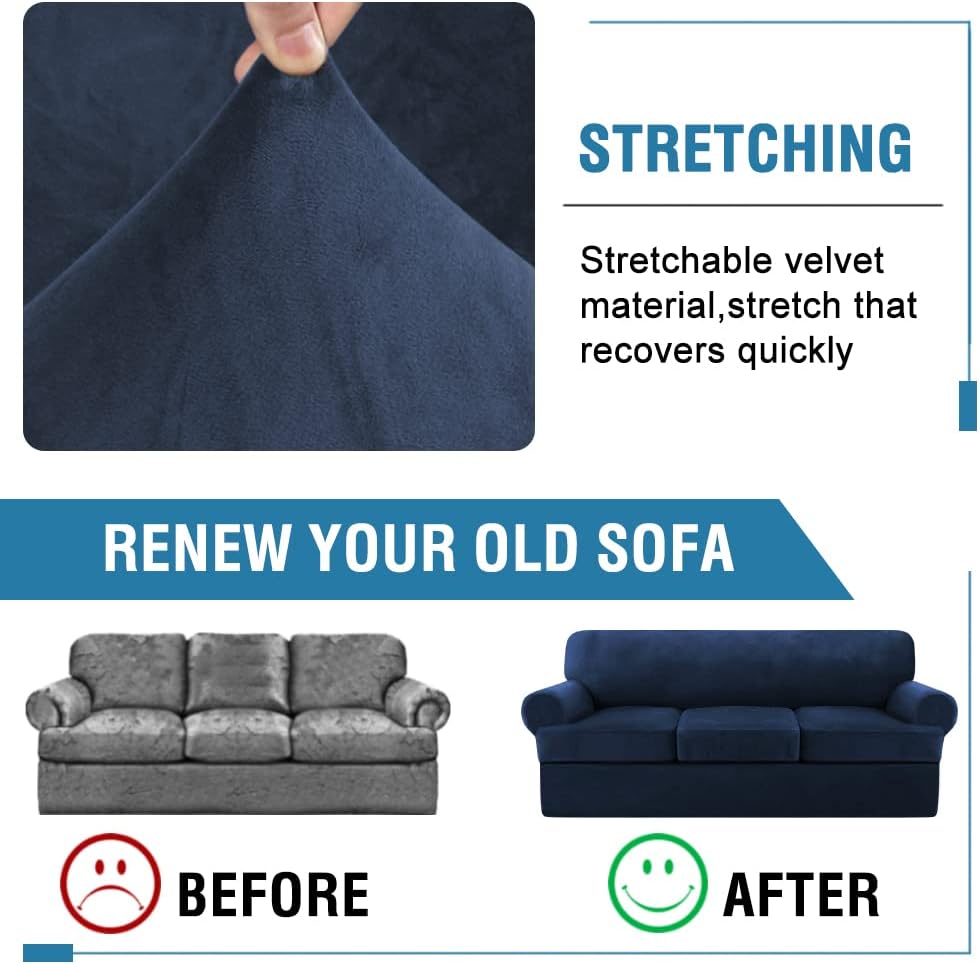 H.VERSAILTEX Sofa Slipcovers - Thick Velvet Couch Covers for 3 Cushion Couch with 3 Individual T Cushion Covers, Navy