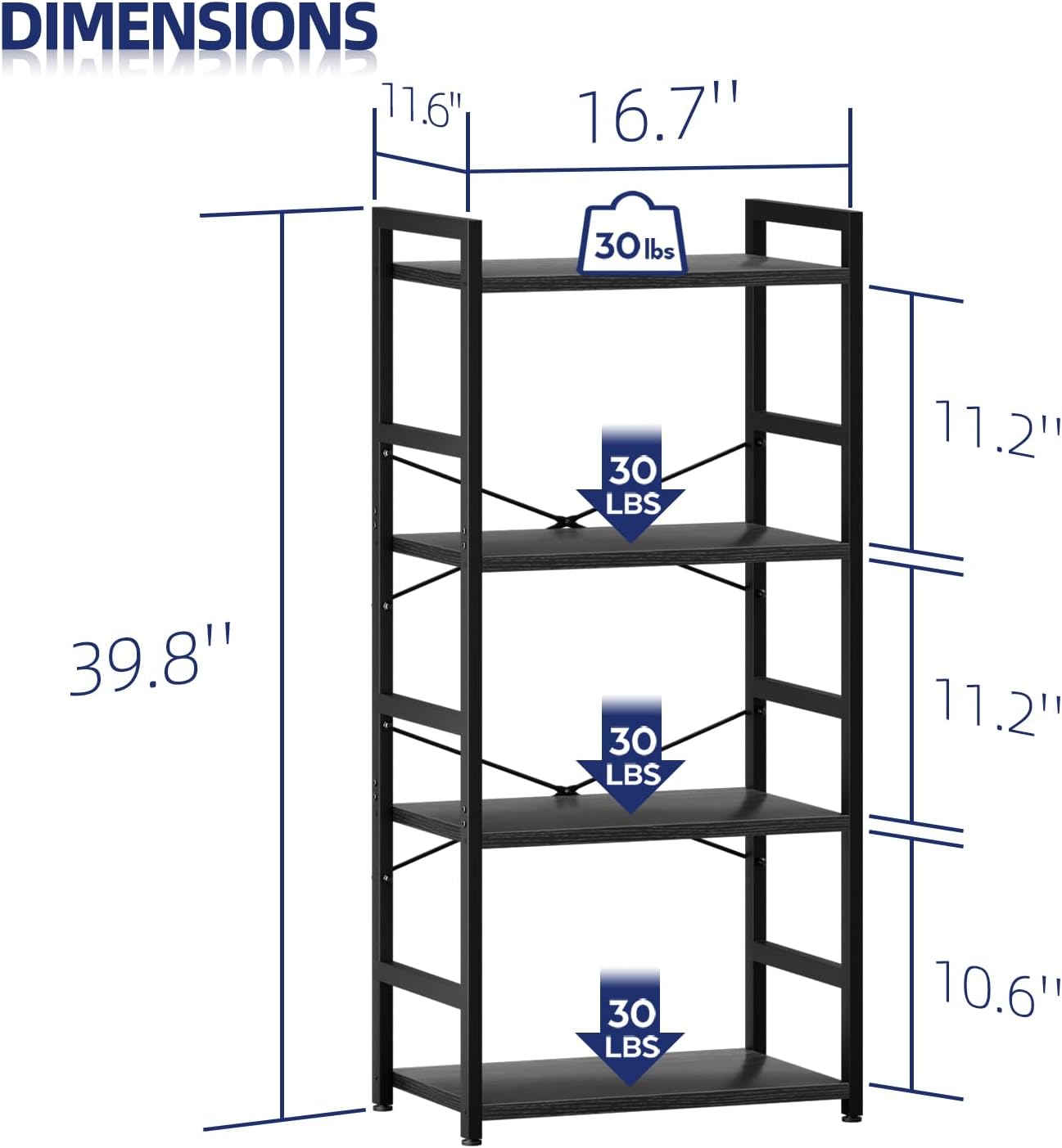 NUMENN 4 Tier Small Bookshelf, Industrial Bookcase Shelf Storage Organizer, Modern Book Shelf for Bedroom, Living Room and Home Office, Black