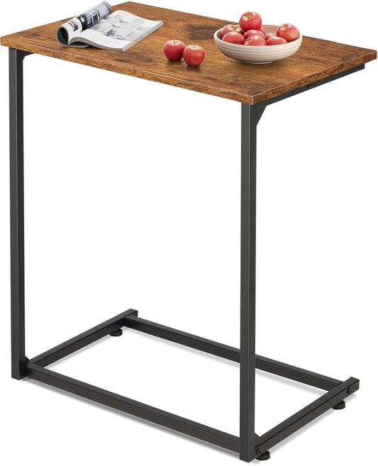 WLIVE C-Shaped End Table, Small Side Tables for Sofa, Wide Couch Table That Slide Under, Laptop Snack Table for Living Room, Bedroom, Home Office, Rustic Brown