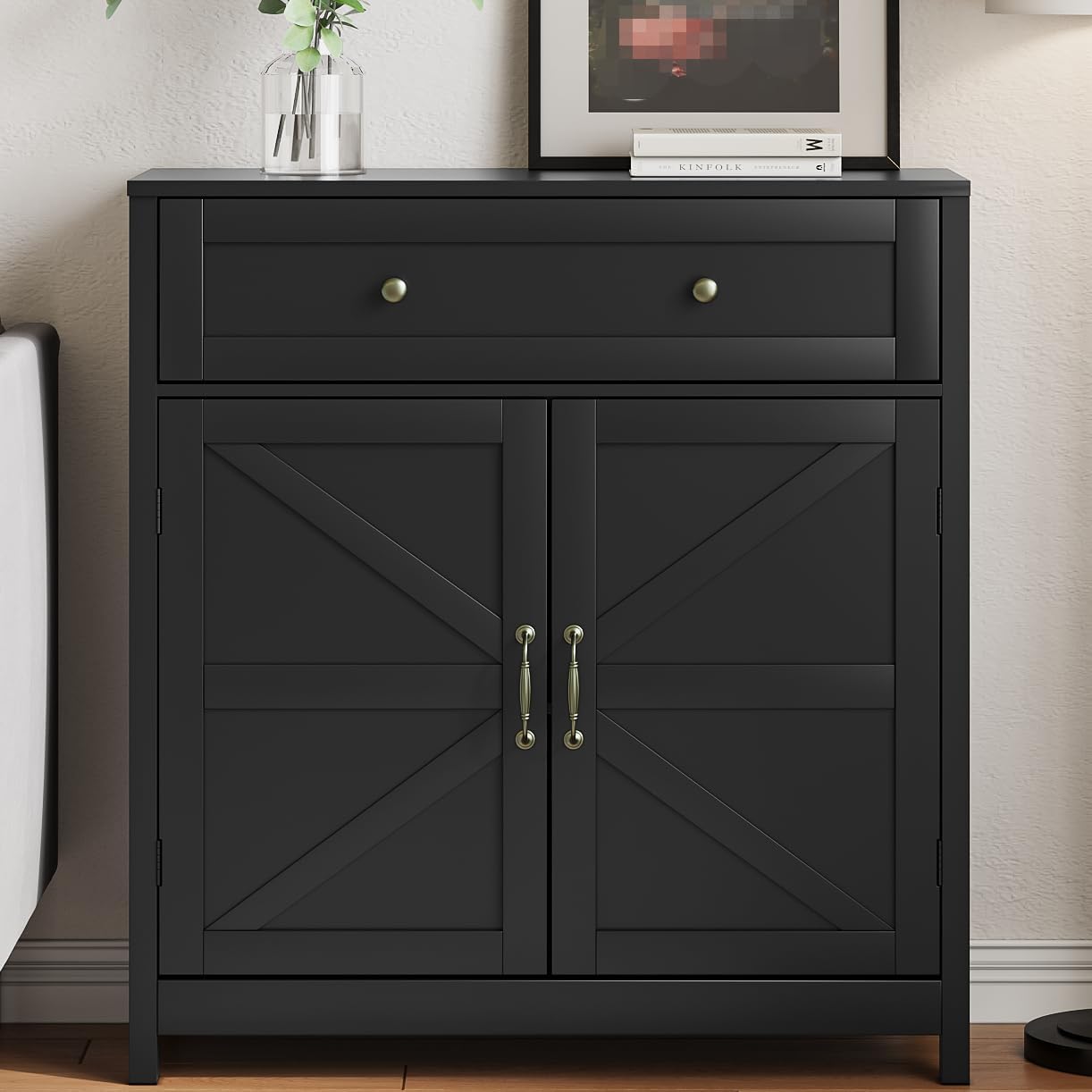 Buffet Sideboard with 2 Barn Doors,Black Kitchen Cabinet with Adjustable Shelf, Freestanding Floor Storage Cabinet