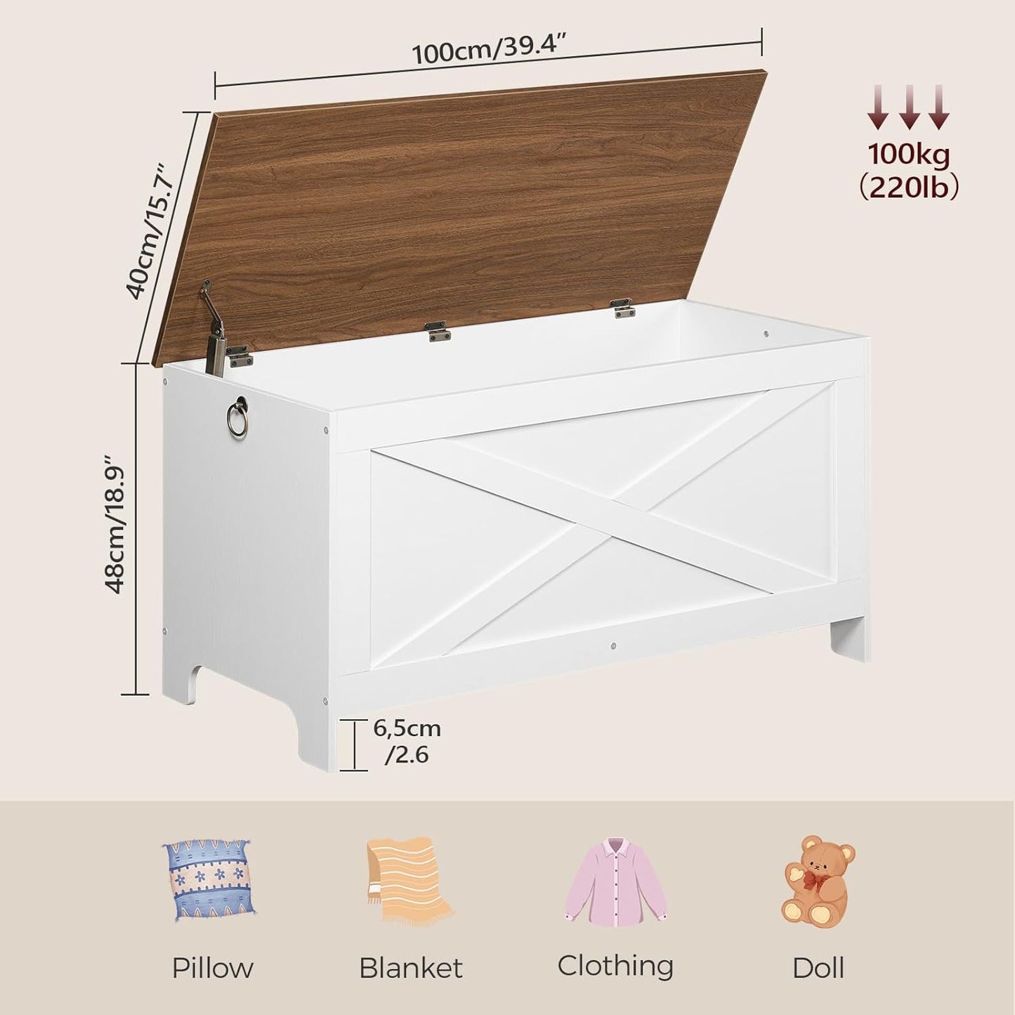 39.4" Toy Chest, Sturdy Entryway Storage Chest with Safety Hinges, Retro Toy Box, Wooden Look Accent Furniture for Living Room, Bedroom, White+Walnut SCBZ48101