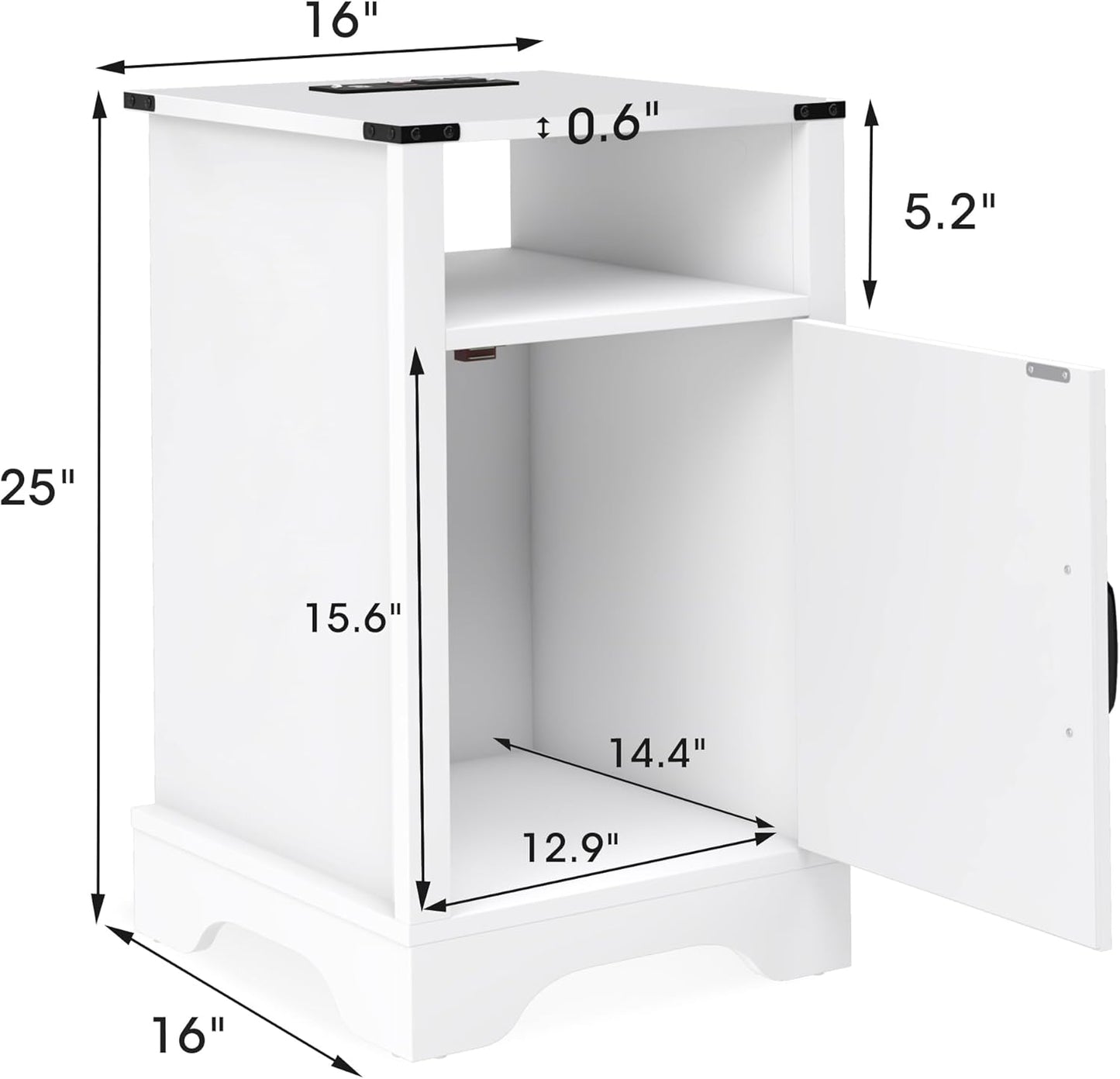 RoyalCraft Nightstand Set of 2, White End Table with Charging Station, Tall Farmhouse Bedside Table with Large Storage and Shelf, Wooden Side Table with for Bedroom, Home Office, White