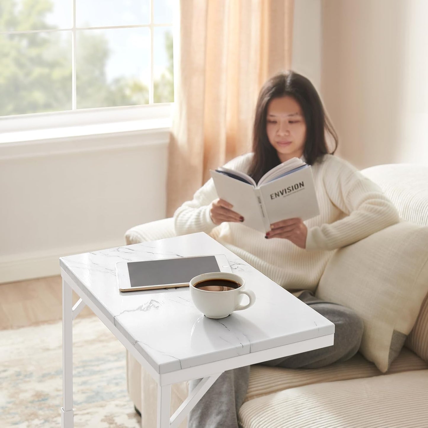 C-Shaped End Table, Small Sofa Table with Metal Frame, Adjustable Height Side Table for Couch, Living Room, Bedroom, Bedside (White, Medium)