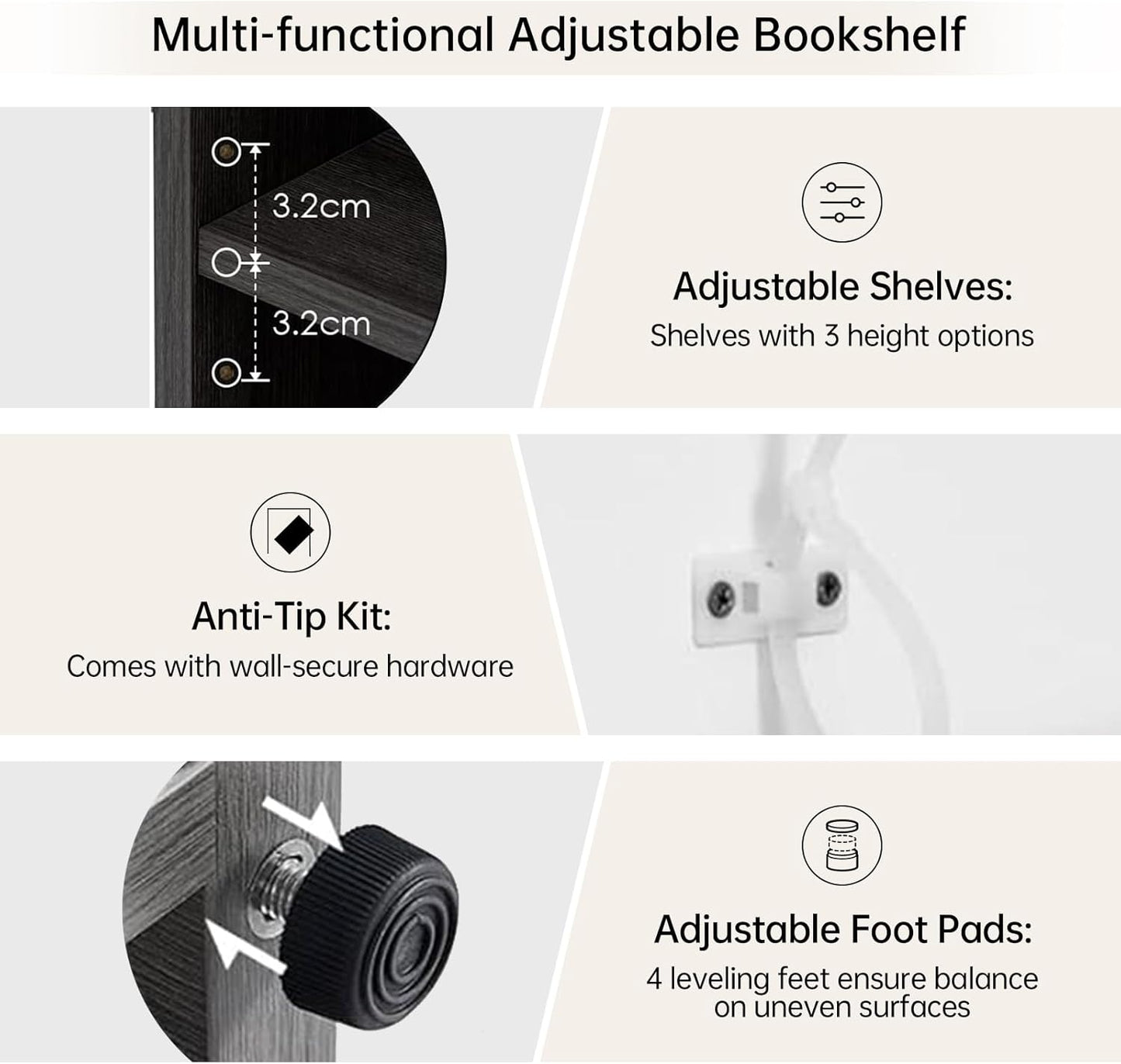 Wooden Bookshelf with Adjustable Shelves, 5 Tier Tall Bookcase for Living Room, Office or Small Spaces,Heavy Dute Bookshelves Storage Organizer, Manga Bookshelf for Collectors,60 Inch,Gray