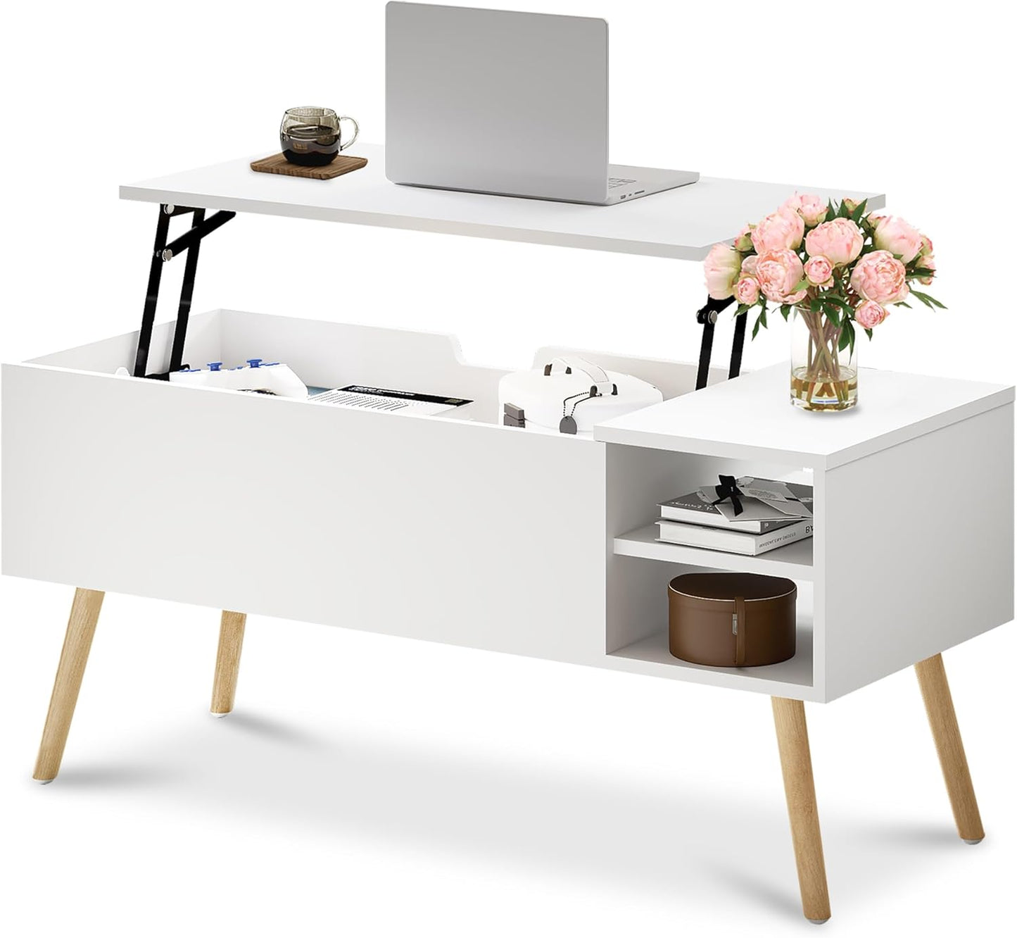ALINE FURNITURE White Coffee Table Lift Top - Coffee Table with Solid Wood Legs, Hidden Storage Compartment & Open Shelves - 40" Lift Up Coffee Tables for Living Room