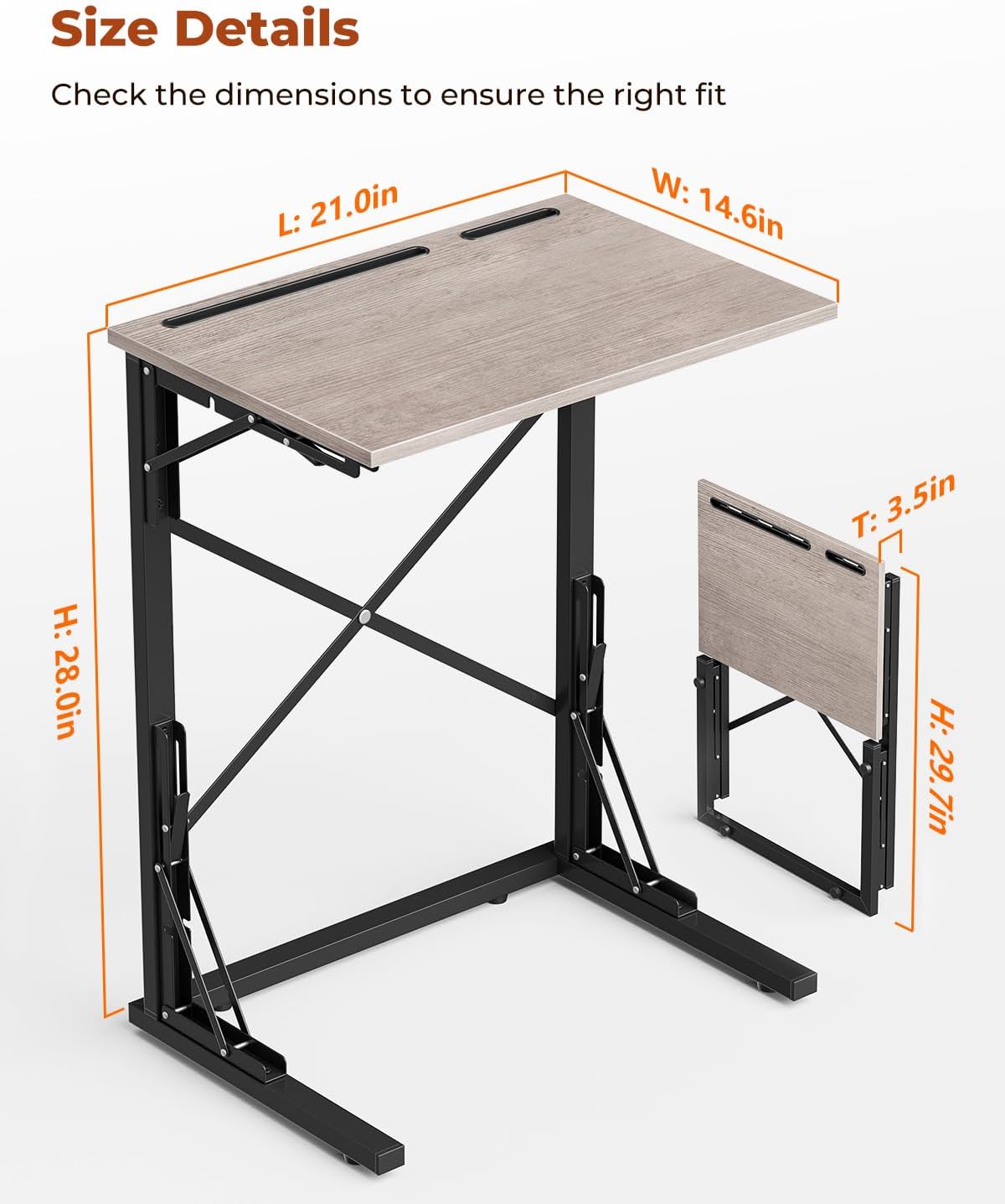 21''Wx28''H Folding TV Tray for Eating, Small Foldable C-Shaped Tray Table with Tablet and Phone Slots, Slide Under Couch Side Table for Recliner, Living Room, Bedroom, Greige