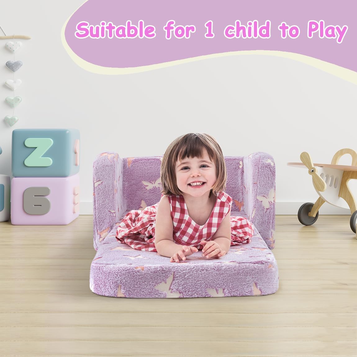 Kids Toddler Chair, 2-in-1 Toddler Couch Fold Out, Convertible Chairs for Toddlers Comfy Sofa to Lounger with Glow in The Dark Feature, Soft for Girls and Boys, Glowing Butterfly