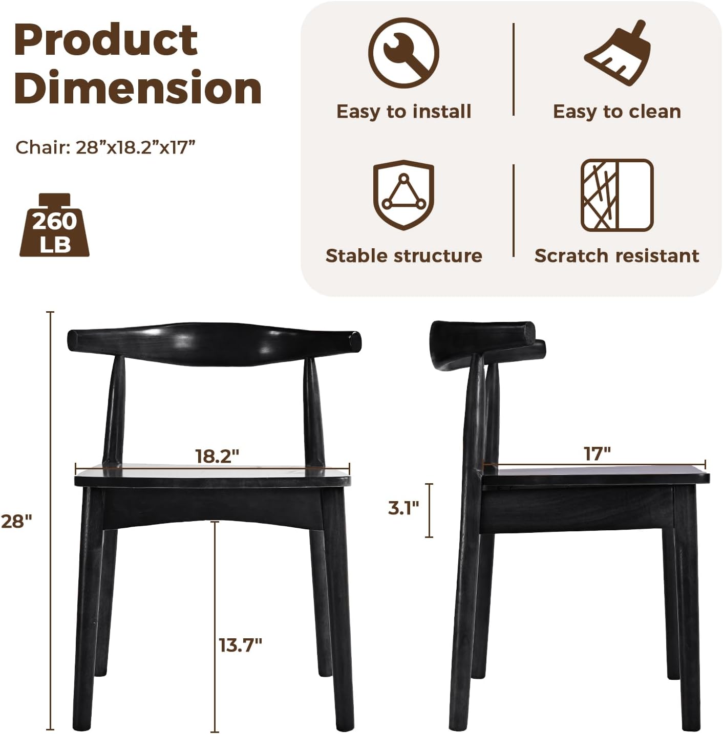 DELAVIN Solid Wood Dining Chairs Set of 4, Farmhouse Style High Ladder Back Dining Room Chairs, Modern Dining Chair for Living Room, Kitchen, Bedroom, Black