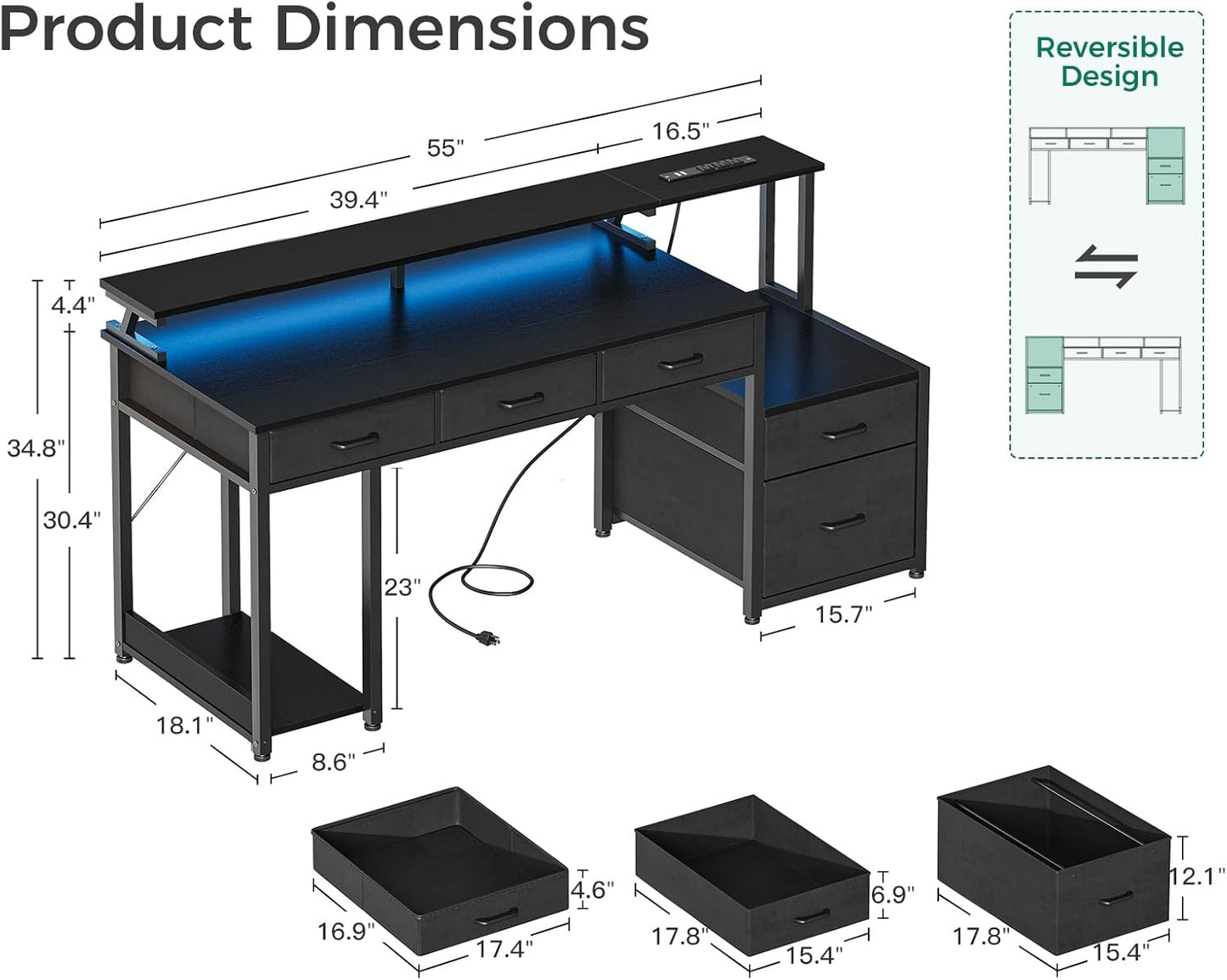 AODK 55 Inch Computer Desk with 3 Drawers and File Cabinet for Storage, Office Desk with Monitor Stand and LED Lights, Home Office Desks, Black