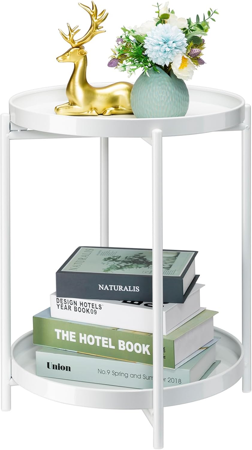Danpinera 2 Tier Metal Side Table with Removable Tray - Round Accent Table, Anti-Rust White Nightstand for Bedroom, Balcony, Patio