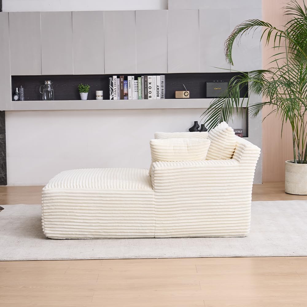 Oversized Chaise Daybed Lounge Sleeper Chair Sofa Bed Indoor, Fluffy Corduroy Upholstered Sleeper Recliner Sofabed Extra Wide Full Foam Cloud Sofabed W/3 Pillows for Home/Apartment Living Room Bedroom