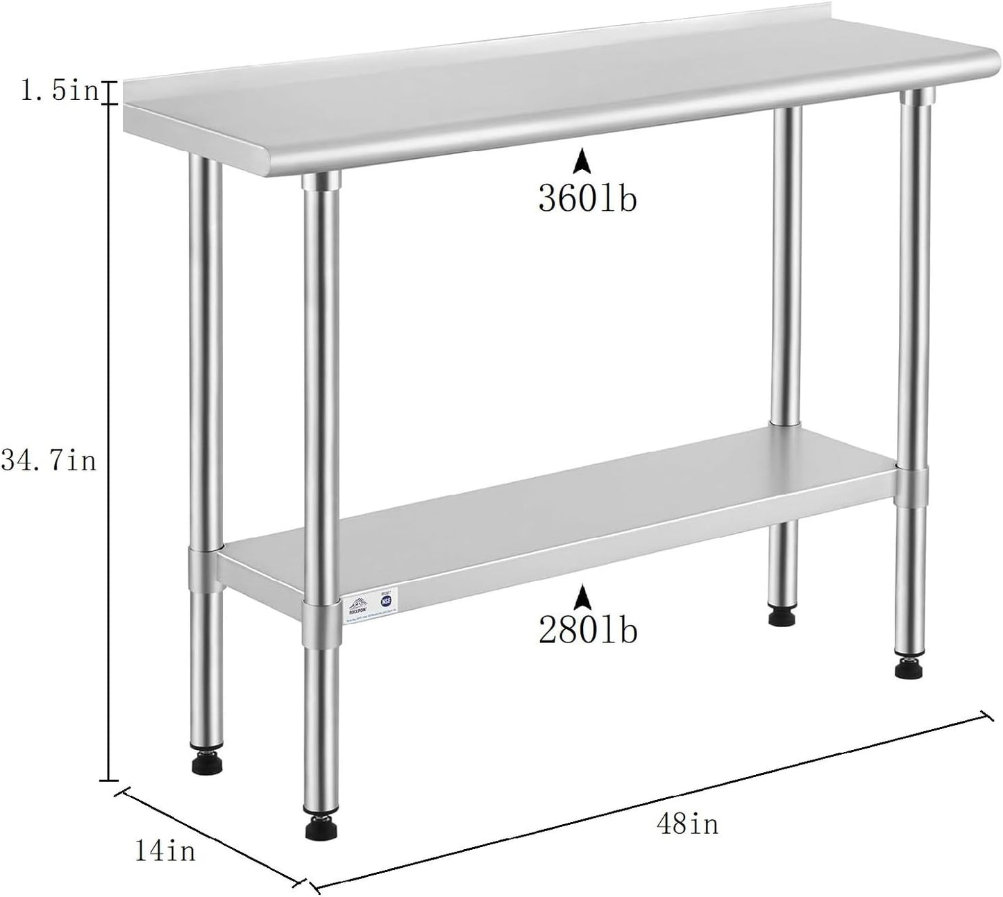 ROCKPOINT Stainless Steel Table for Prep & Work with Backsplash 14x48 Inches, NSF Metal Commercial Kitchen Heavy Duty Table with Adjustable Under Shelf and Table Foot for Restaurant, Home and Hotel