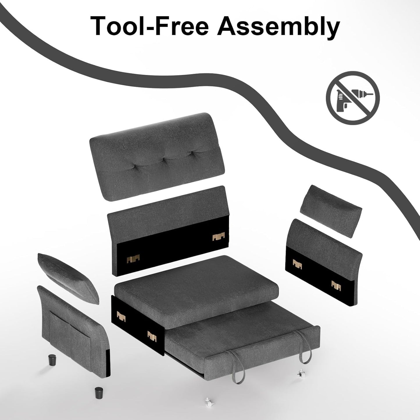 Vipbear 3-in-1 Chenille Convertible Sofa Bed, Pull Out Sleeper Sofa with Reclining Backrest & Side Pocket, Tool-Free Assembly, Folding Loveseat for Living Room, Apartment, Grey