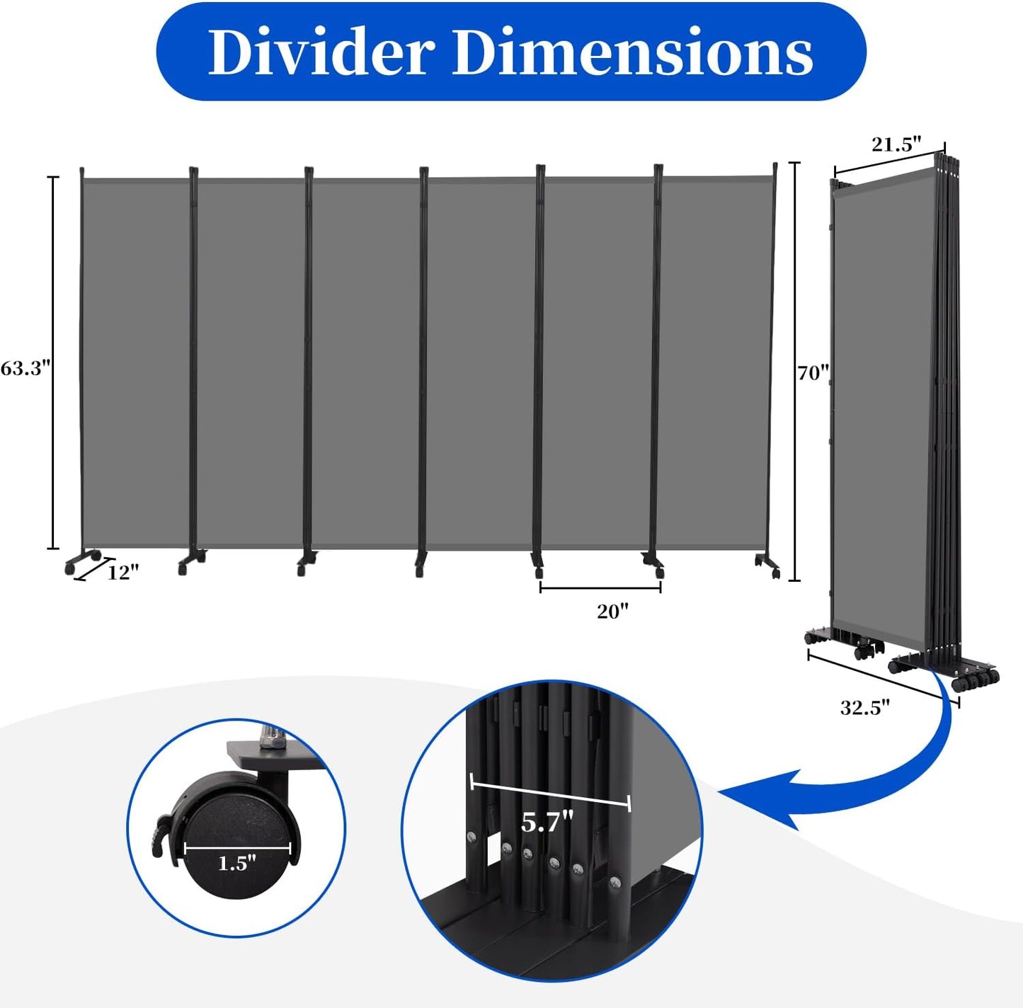 Room Divider 6FT Room Partition with Lockable Wheels, 6 Panel (Thicked Metal Base) Room Dividers, Freestanding Indoor Folding Privacy Screens, Portable Fabric Wall Divider for Room Separation, Grey
