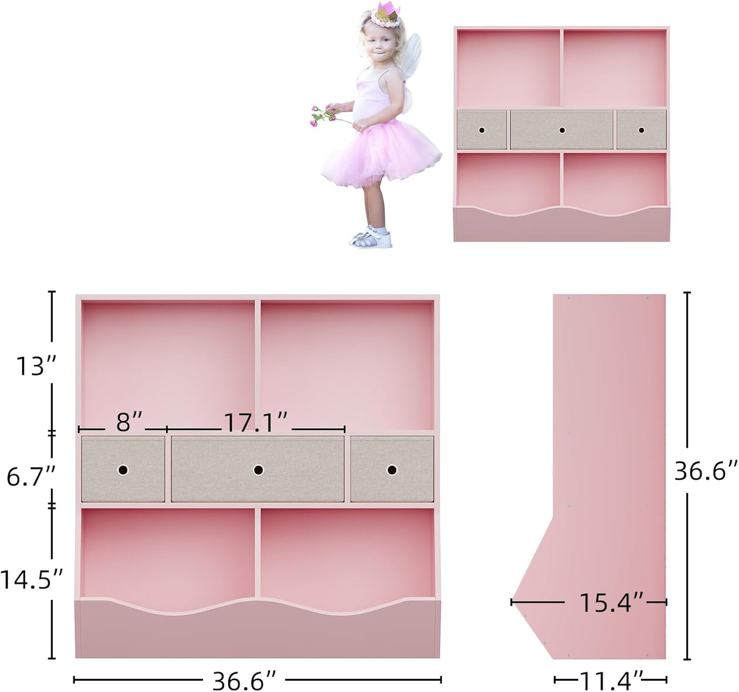 IDEALHOUSE 7-Cubby Large Kids Toy Storage Organizer, Children Wood Bookcase and Bookshelf, 3-Tier Toy Storage Cabinet with 3 Drawers for Hallway, Playroom, Living Room, School,Pink