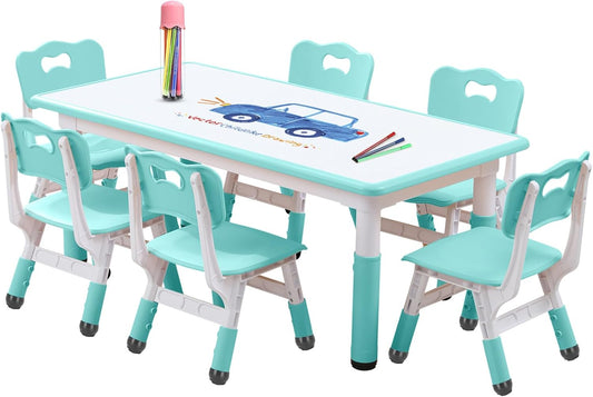 Kids Table and Chairs Set, Height Adjustable Desk With 6 Seats for Ages 2-12,Arts & Crafts Table,Graffiti Desktop, Non-Slip Legs, Max 300lbs, Children Multi-Activity Table for Classrooms,Daycares,Home