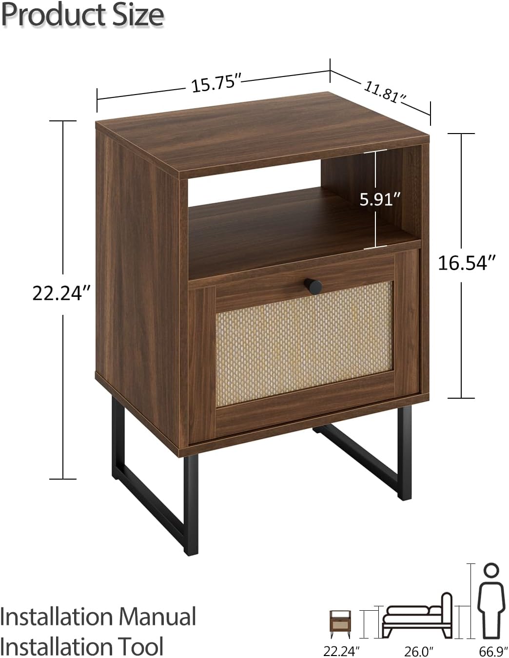 Masupu Rattan Nightstand,Modern Boho Farmhouse Wood Bedside Table with Storage Drawer and Open Shelf,Small Black Frame Side End Table for Bedroom,Living Room,Office (Walnut)