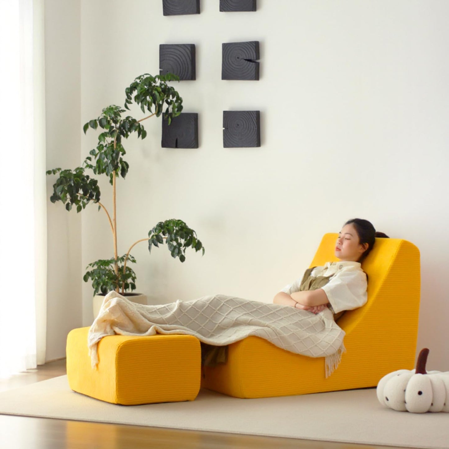 N&V Bean Bag Chair Single Seated Foam Sofa Armless Floor Sofa with High Density Foam Removable and Machine Washable Cover (Burnt Yellow, Large, Corduroy Stripes)