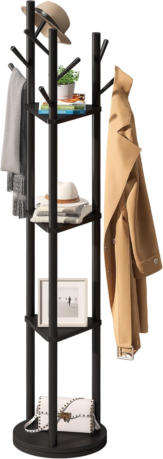 FILWH Bamboo Coat Rack Rotary Freestanding with Shelf Coat Tree Stand for Hallway Entryway with 9 Hooks and 3 Storage Shelves (Black)
